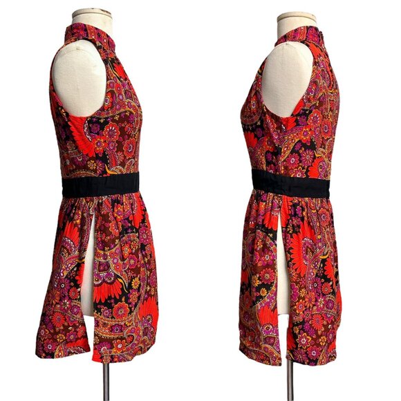 70s vintage psychedelic tunic top overlay mini dress paisley pattern mockneck. - Picture 2 of 12